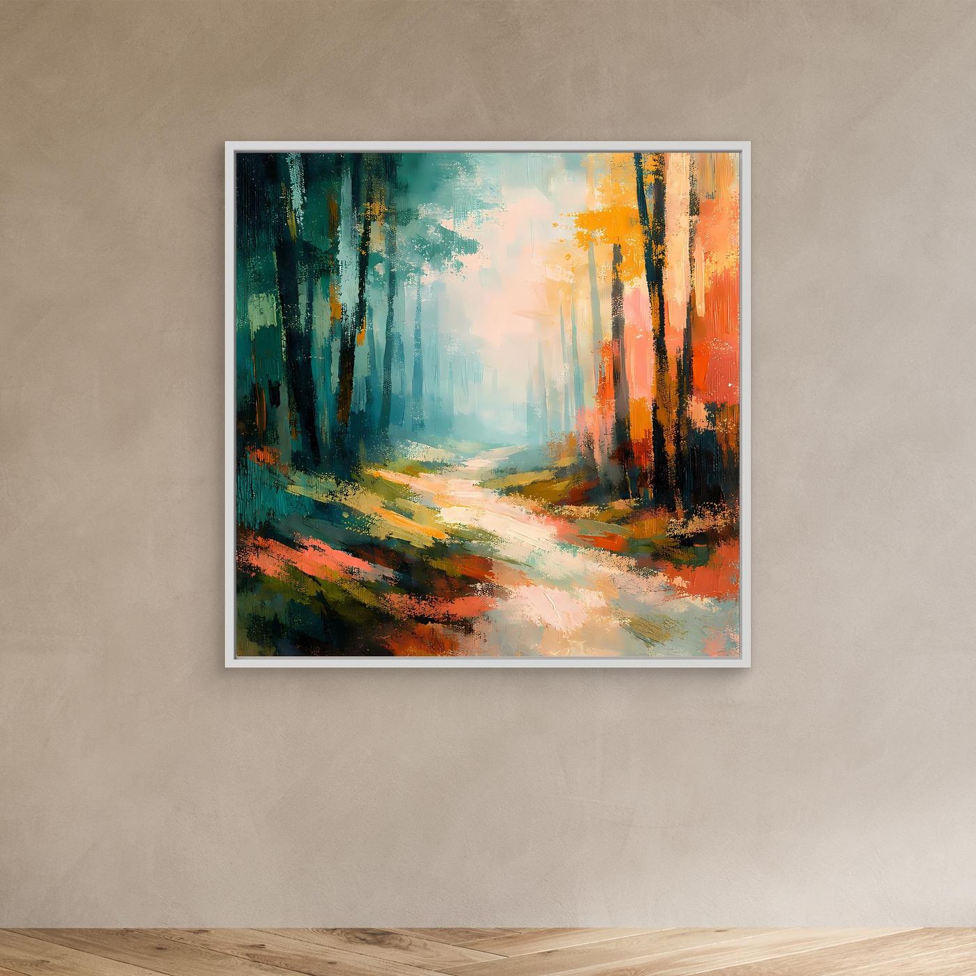 Abstraktes Leinwand-Wandbild Waldweg in Blau-Grün und Orange, mit weißem Rahmen