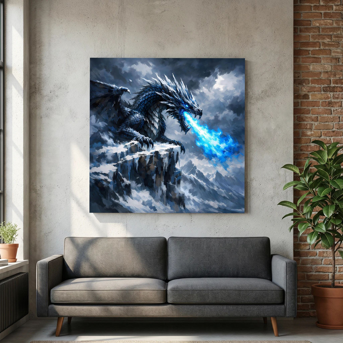 Leinwand-Wandbild mit Eisdrache auf steiler Felswand, blau leuchtende Energie im Sturm