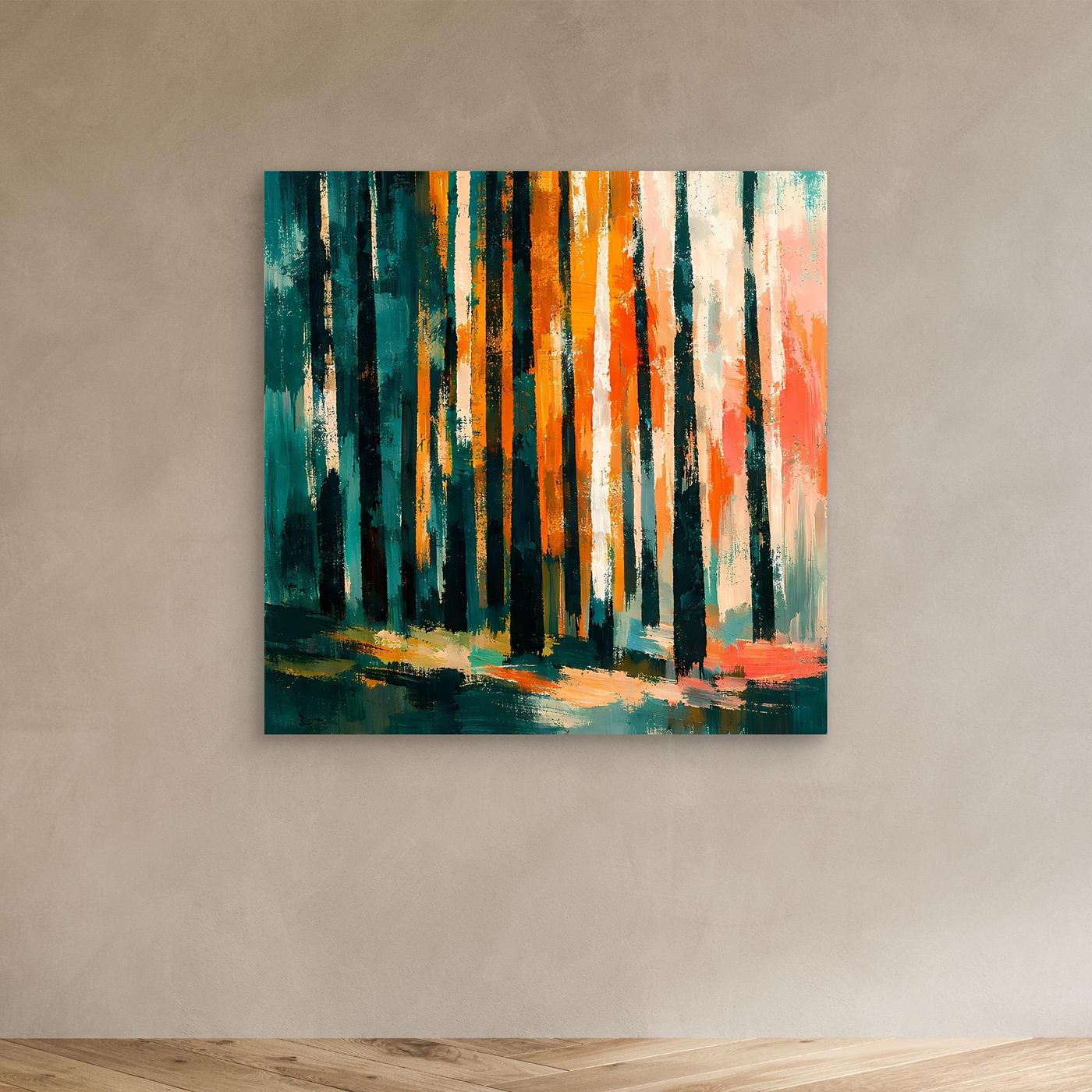 Abstraktes Birkenwald-Wandbild mit goldbraunem Rahmen, bunte Baumstämme, Herbstfarben