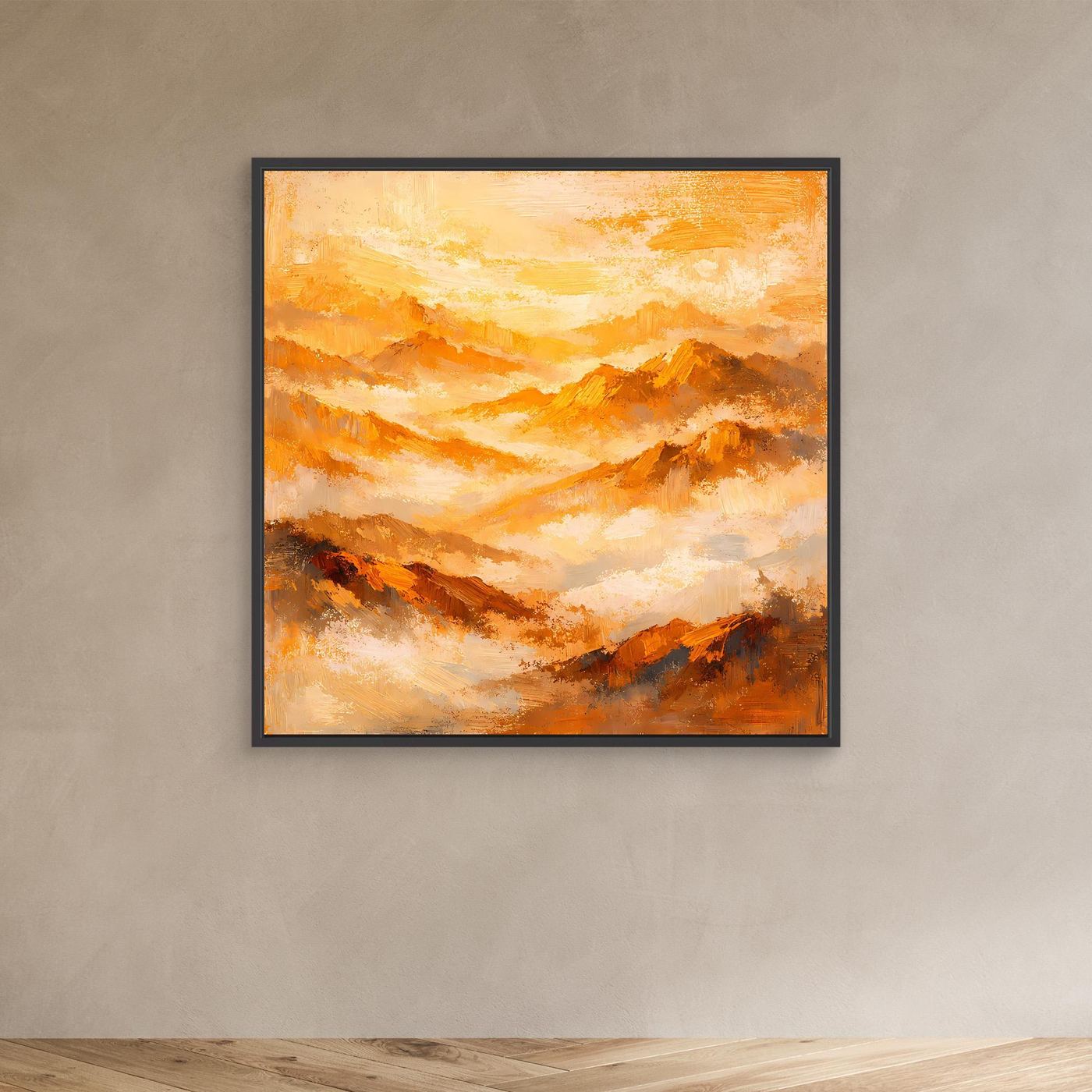 Leinwand-Wandbild mit abstraktem Bergpanorama in Gold- und Orangetönen, schwarzer Rahmen