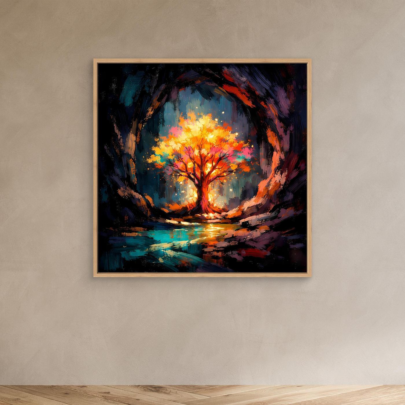 Abstract tree canvas wall art in oak frame, glowing autumn tree and colorful night reflections