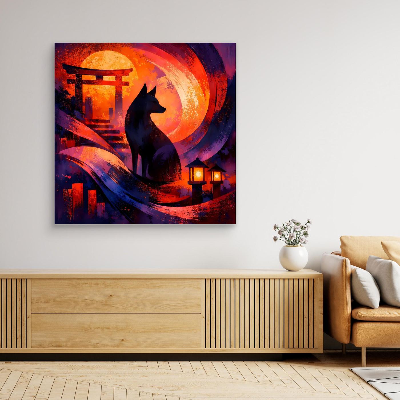 Gerahmtes Wandbild mit Torii-Tor, schwarzer Kitsune, rotem Mond und Laternen