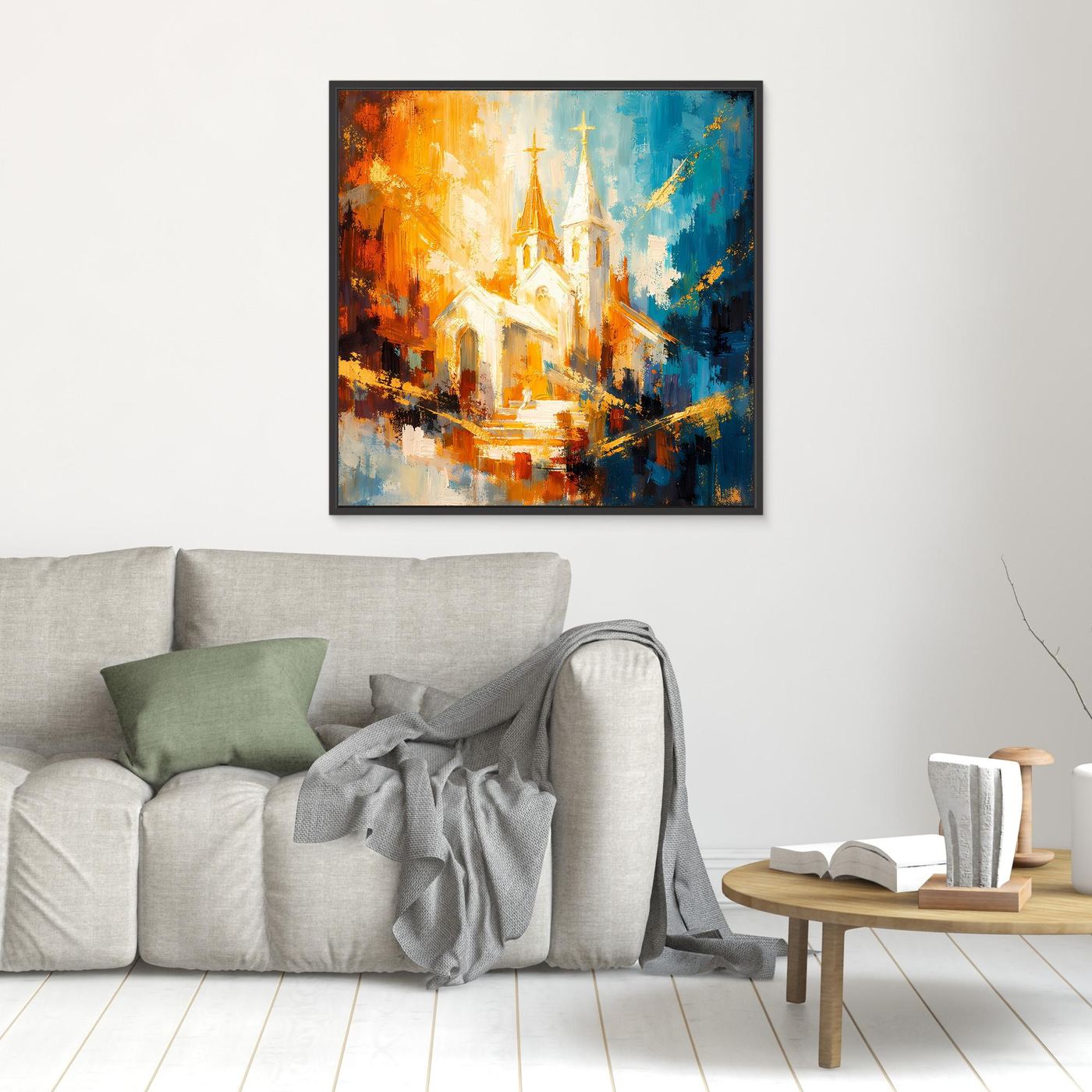 Quadratisches Leinwandbild mit abstrakter Kirche, schwarzer Rahmen, Orange‑Blau Kontraste