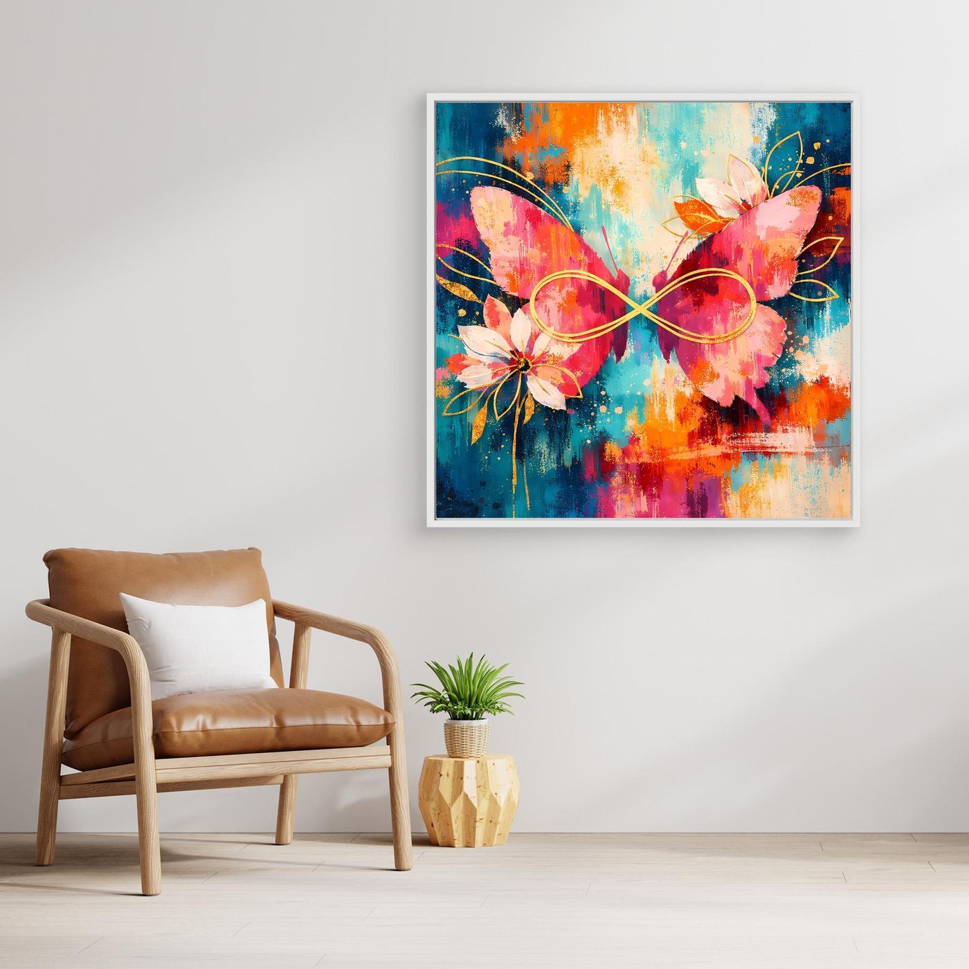 Quadratisches Leinwandbild: Schmetterlinge mit Unendlichkeitsschleife und orange-pink Blüten