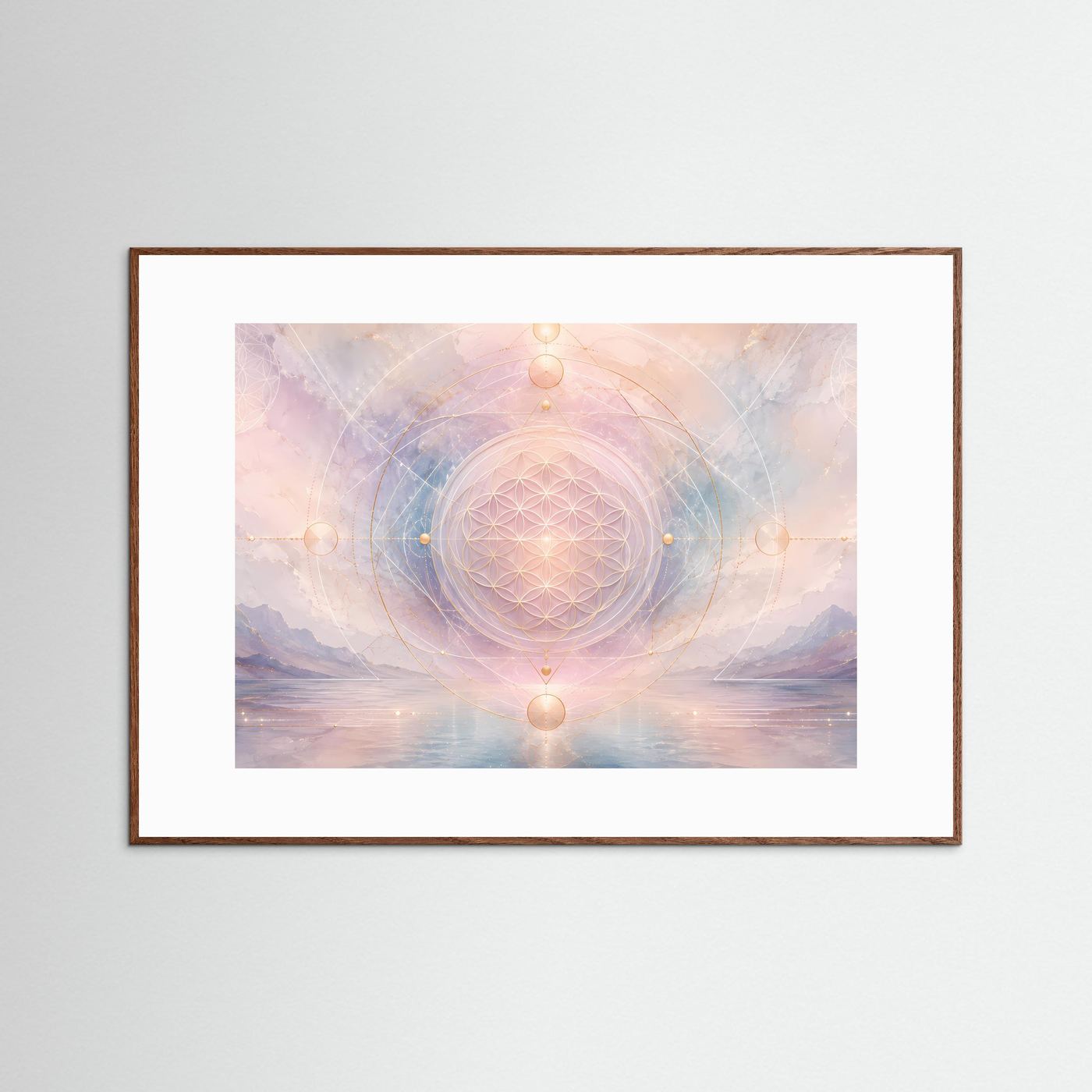 Poster „Blume des Lebens“ im dunklen Holzrahmen mit pastellfarbenem Geometrie-Motiv