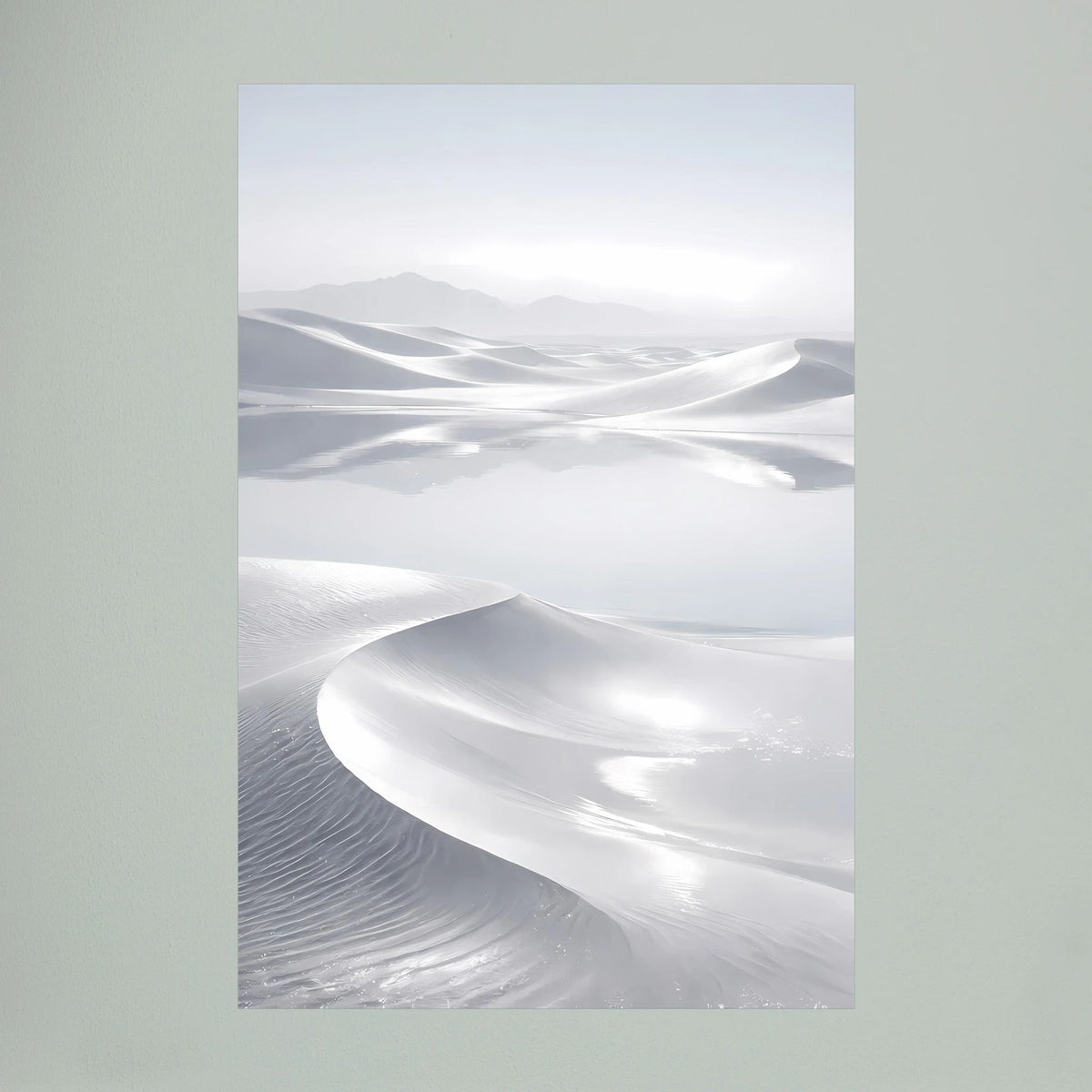 Poster im Hochformat mit weißen Wüstendünen, weitlaufenden Formen und Lichtreflexen