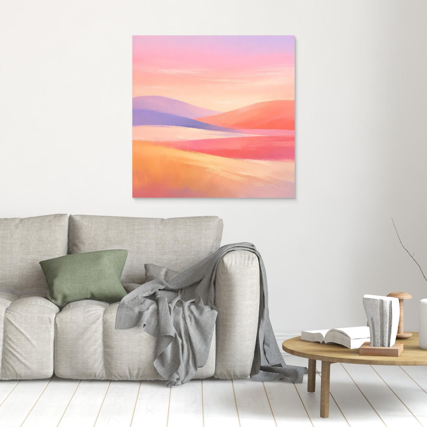 Kleines Leinwandbild mit abstrakter Hügellandschaft in Pastellfarben