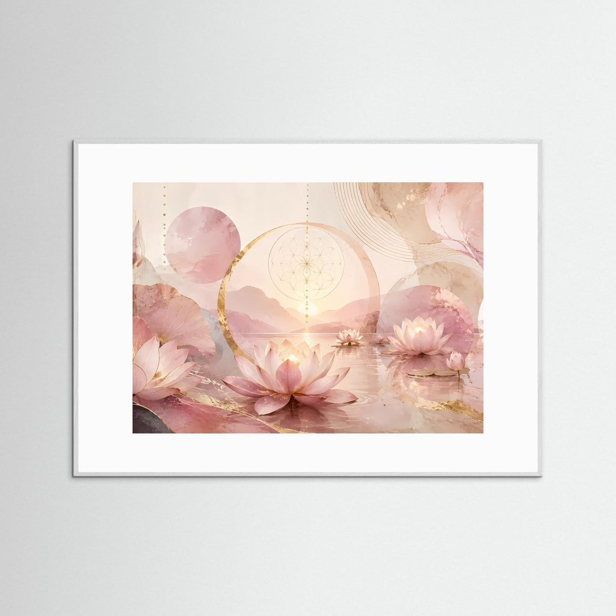 Gerahmtes Querformat-Poster mit rosa Lotusblüten, goldenen Elementen und feinen Linienmustern