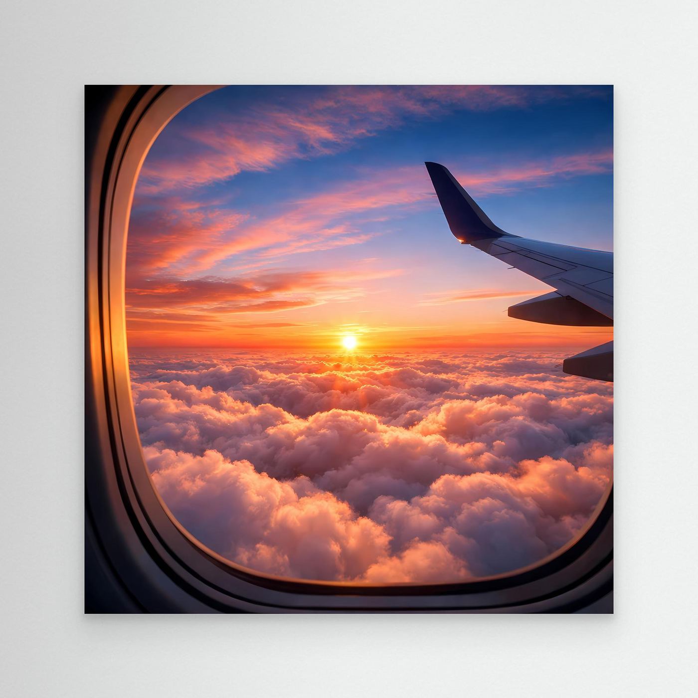 Leinwandbild Flugzeugfenster mit Sonnenuntergang über Wolken, Flügel im Bild