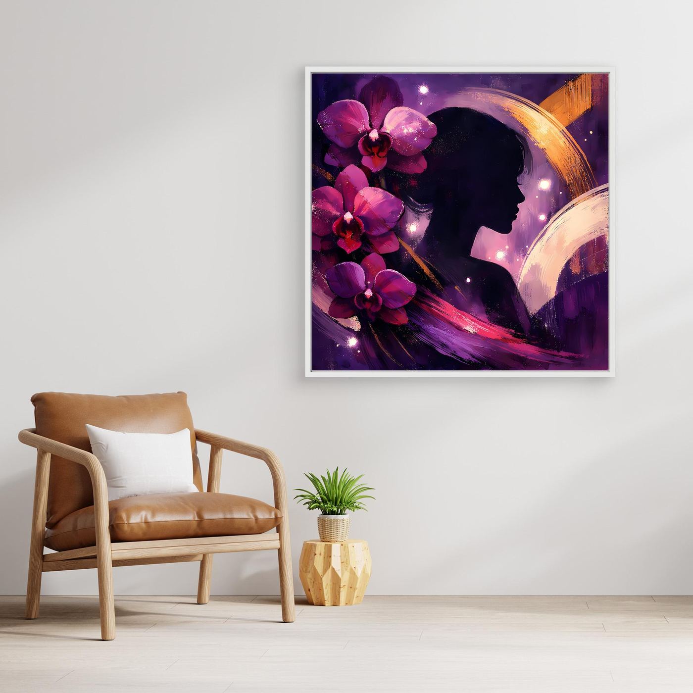 Leinwandbild mit Rahmen: abstraktes Profil, violette Blüten und leuchtende Goldkurve