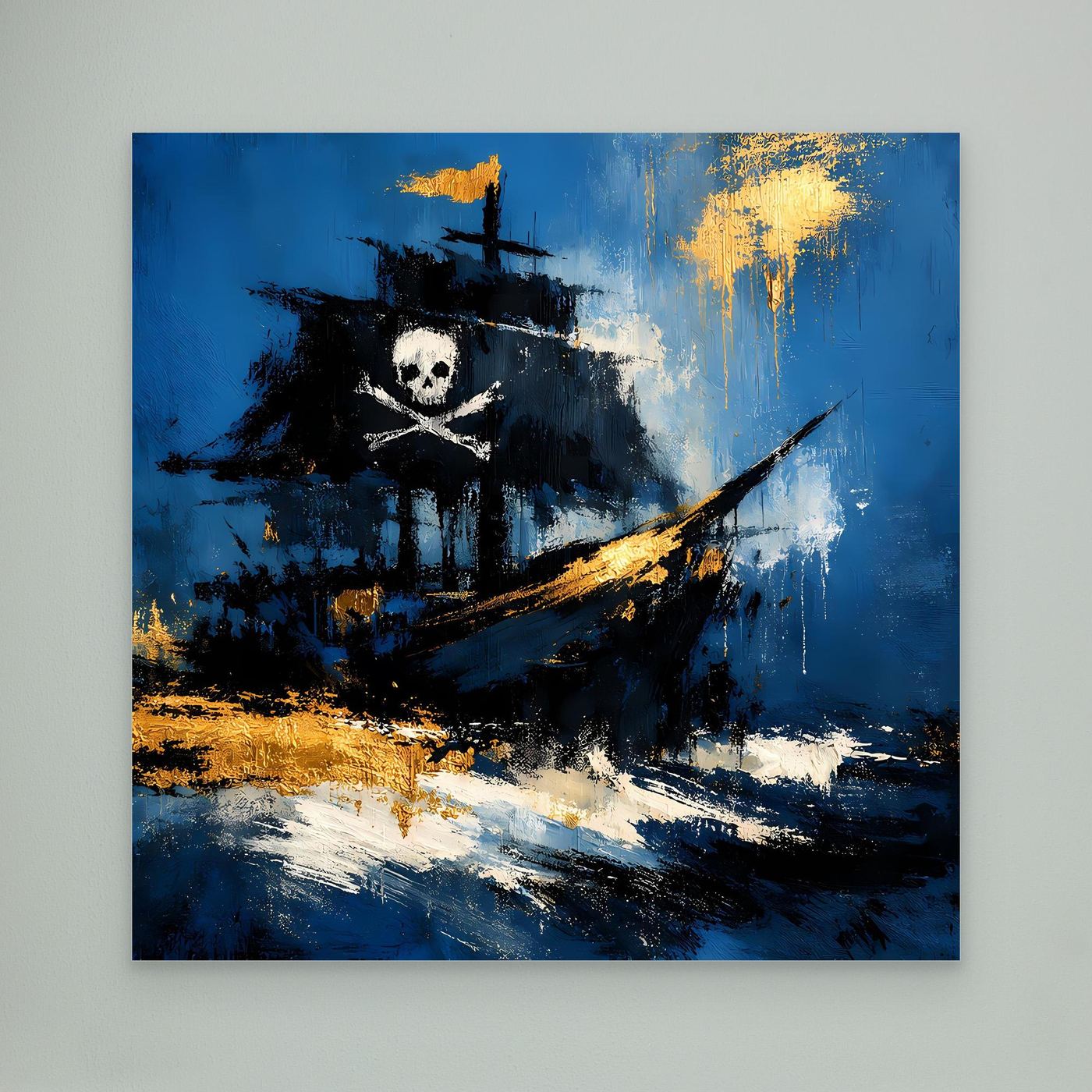 Abstraktes Leinwand-Wandbild mit Piratenschiff, Totenkopf und goldenen Akzenten