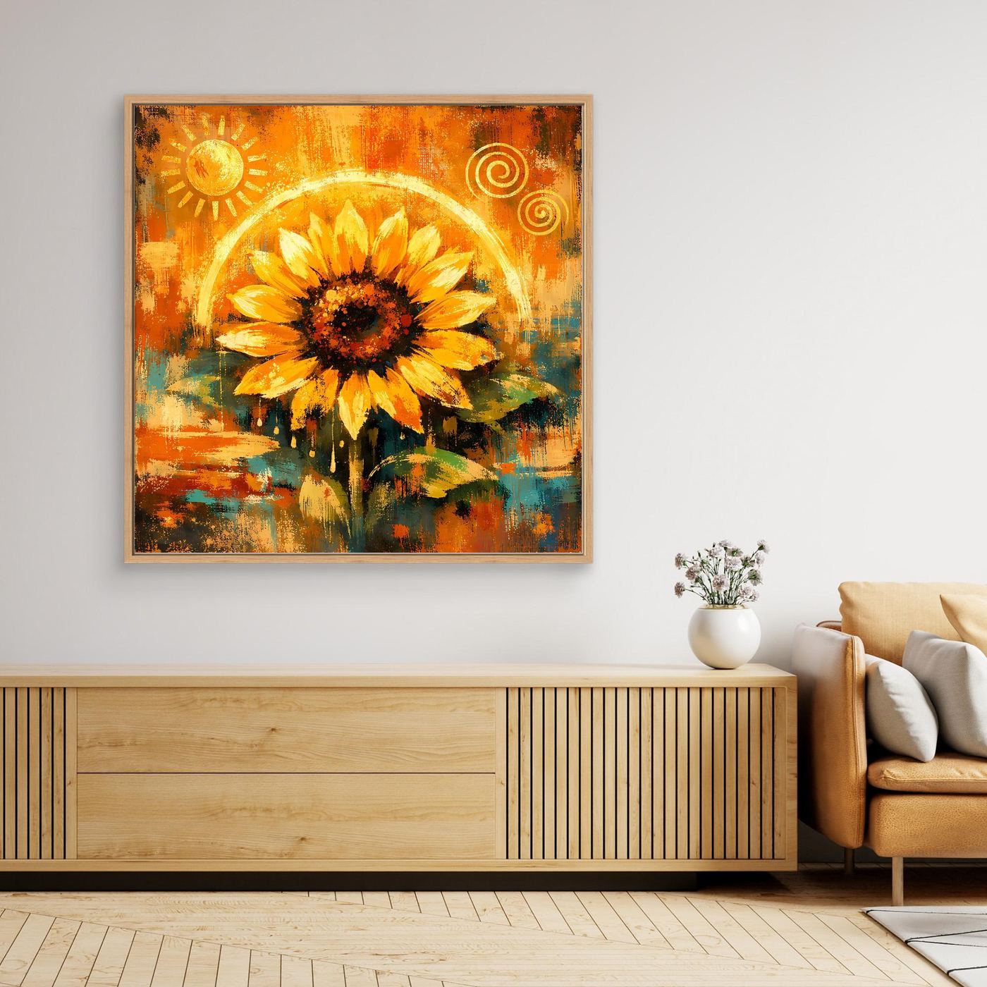 Gerahmtes Leinwandbild mit goldener Sonnenblume, warme orange-türkisfarbene Farbmischung