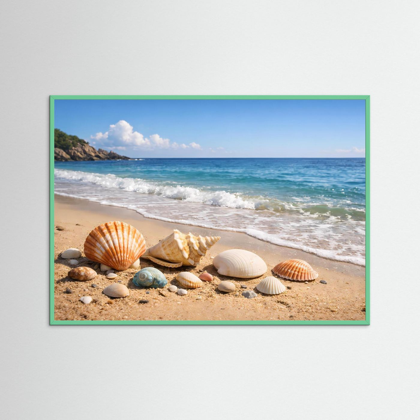 Poster im Querformat mit Muscheln am Sandstrand, grüner Rahmen