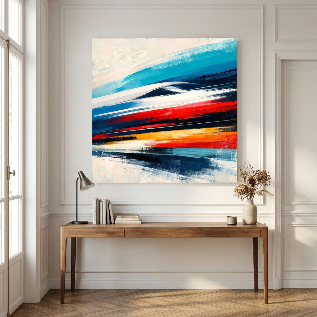 Abstraktes Leinwandbild mit blauen und roten Pinselstrichen, hellen Akzenten und Streifen