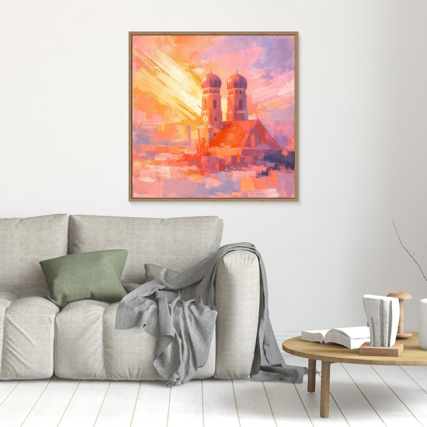 Premium Leinwand Frauenkirche München im Sonnenaufgang | Abstraktes Skyline Wandbild Bayern