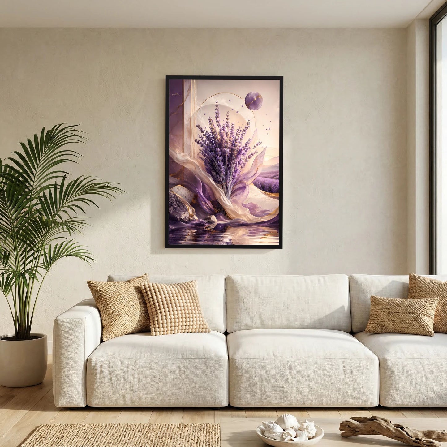 Kunstposter im Hochformat mit schwarzem Rahmen und violetten Lavendelblüten