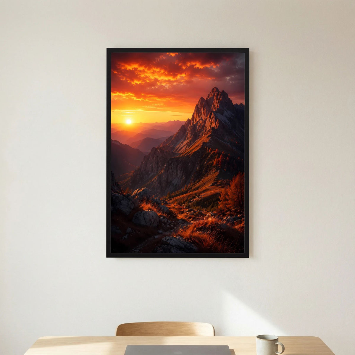 Poster im Hochformat mit Bergpanorama bei Sonnenuntergang, orangefarbener Himmel, schwarzer Rahmen