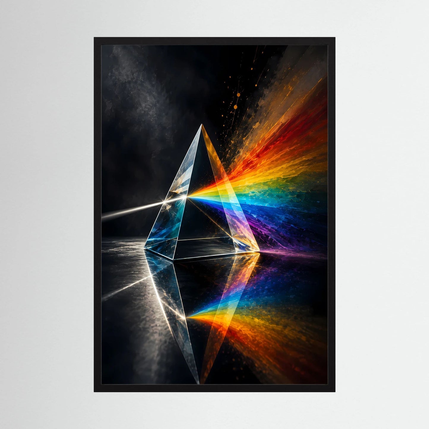Poster im schwarzen Rahmen mit Regenbogen- Lichtspektrum und prismatischem Motiv