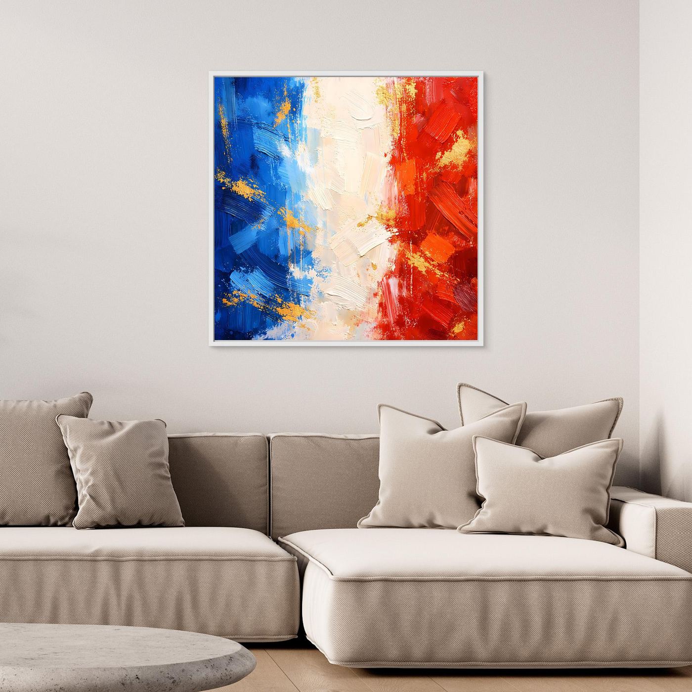 Rechteckiges Leinwandbild mit abstraktem Frankreich-Look: Blau, Weiß, Rot, goldene Sprenkel