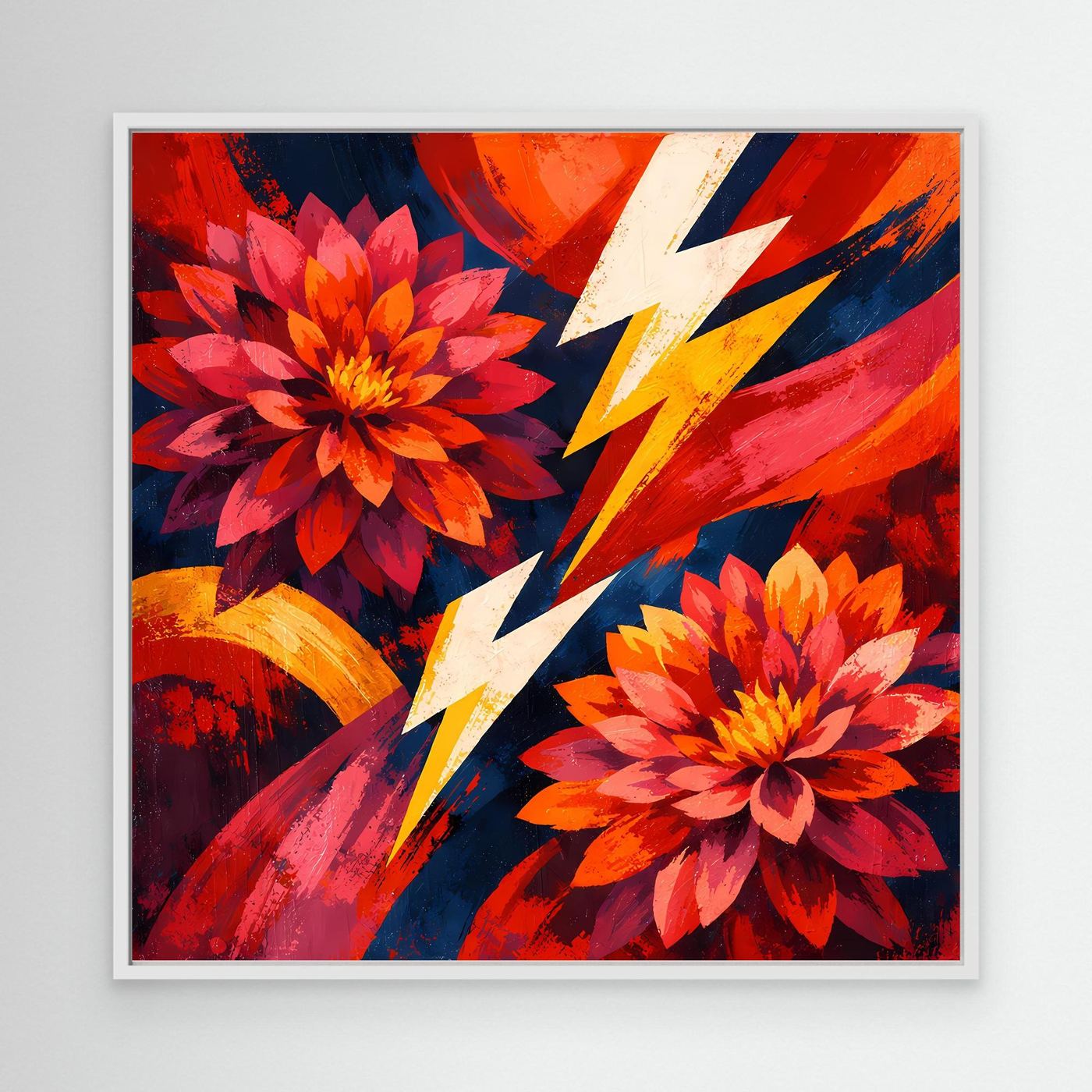 Leinwandbild mit roten Blüten und gelben Akzenten, Blitzmotiv und blauem Hintergrund im weißen Rahmen