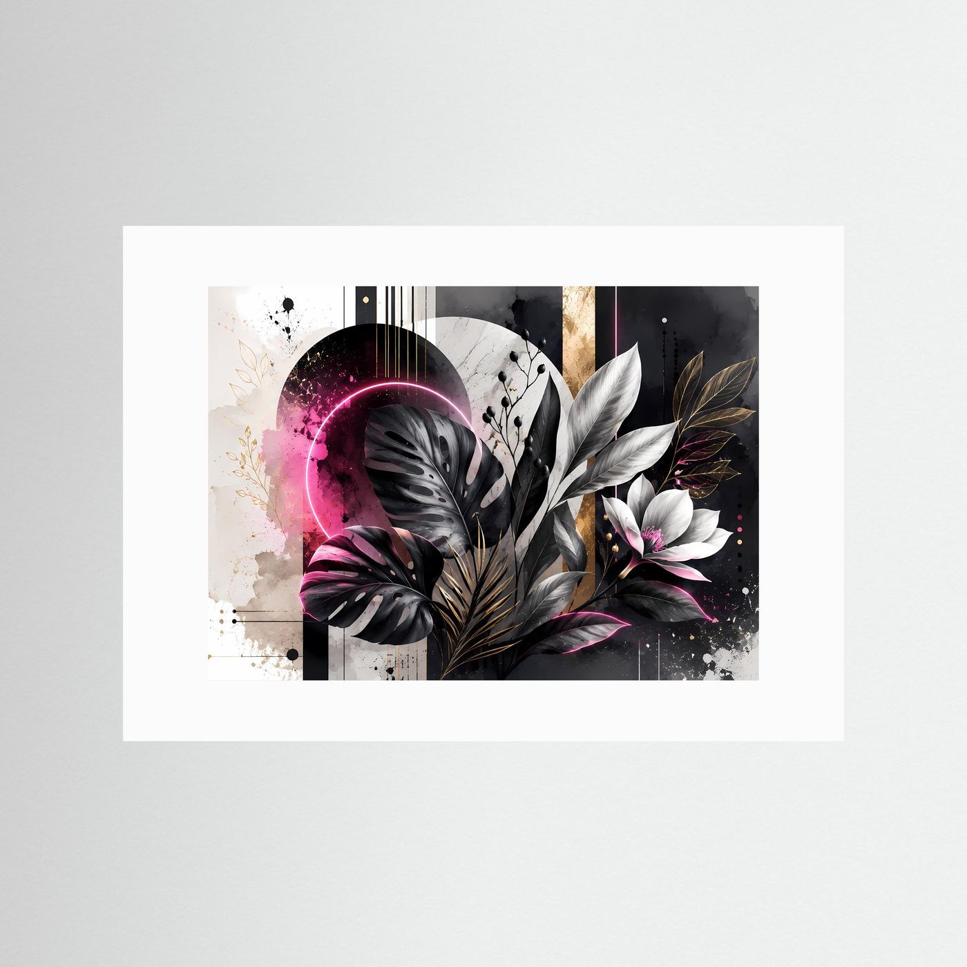 Abstrakte Botanik in Schwarz, Weiß & Pink | Monstera mit Neon & Gold – Moderne Wandkunst