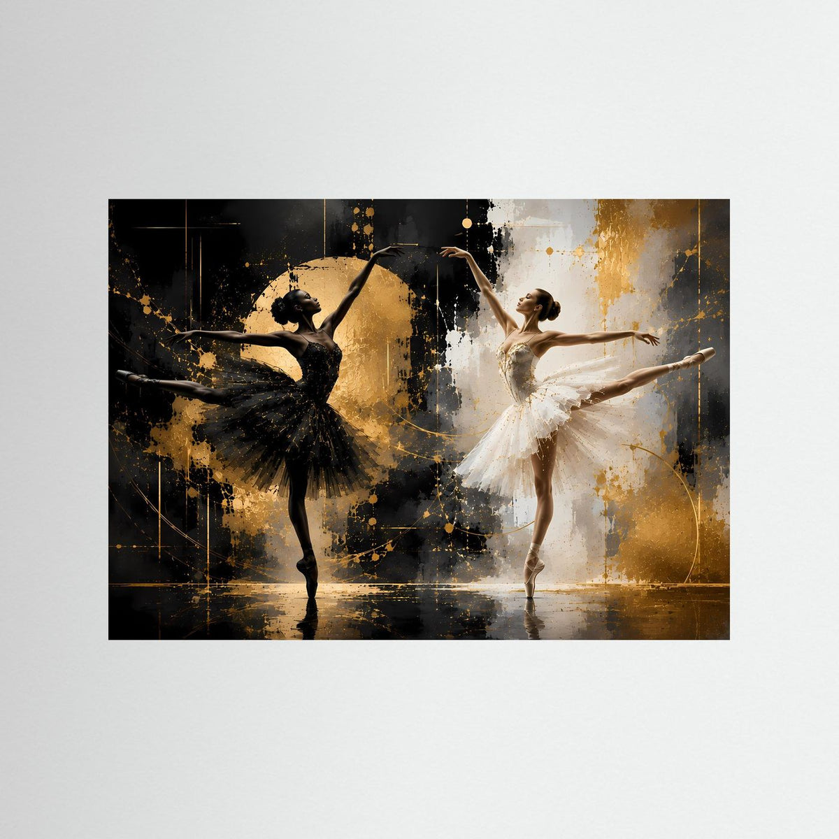 Querformatiges Poster mit zwei Balletttänzerinnen in Schwarz und Weiß, goldene Akzente.