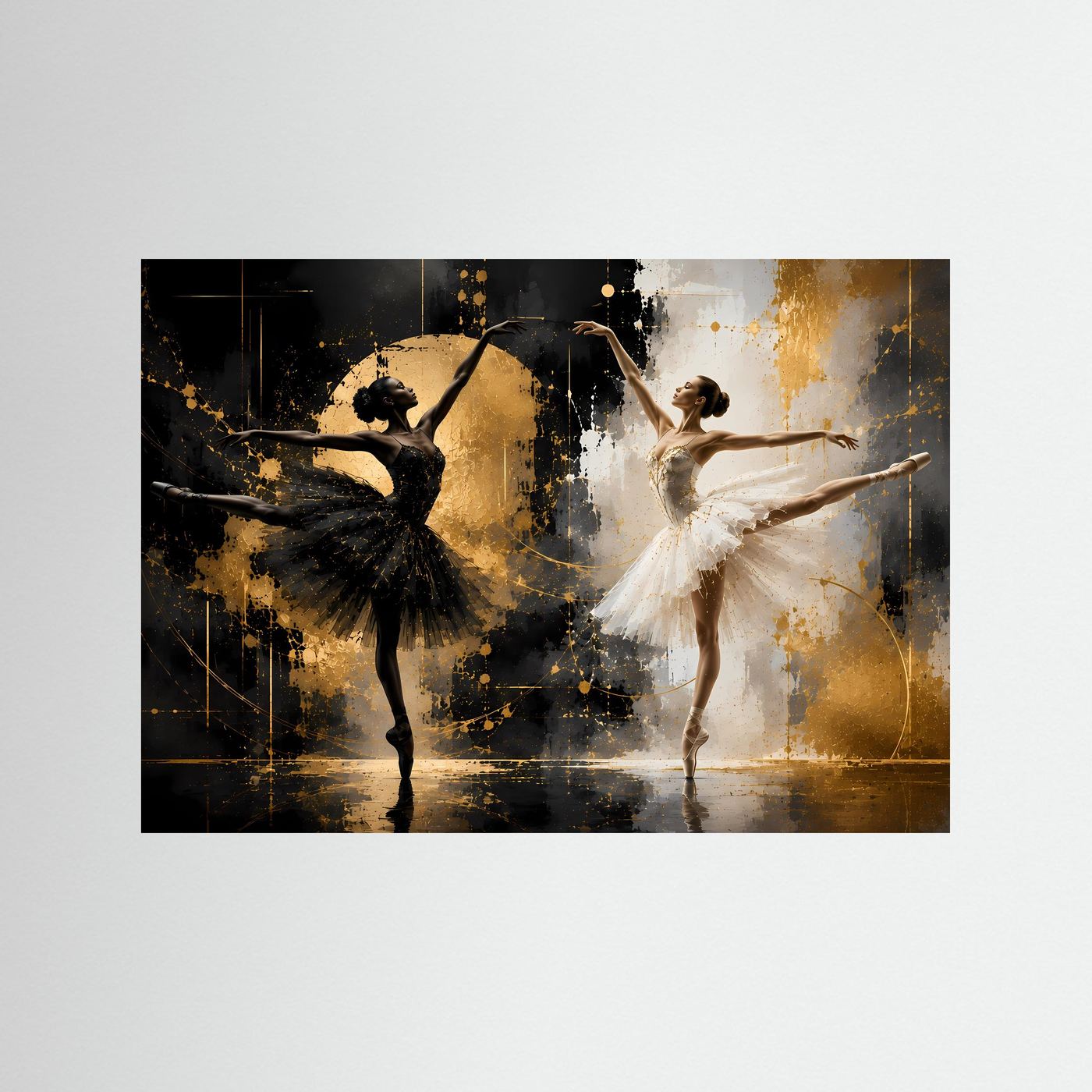 Querformatiges Poster mit zwei Balletttänzerinnen in Schwarz und Weiß, goldene Akzente.
