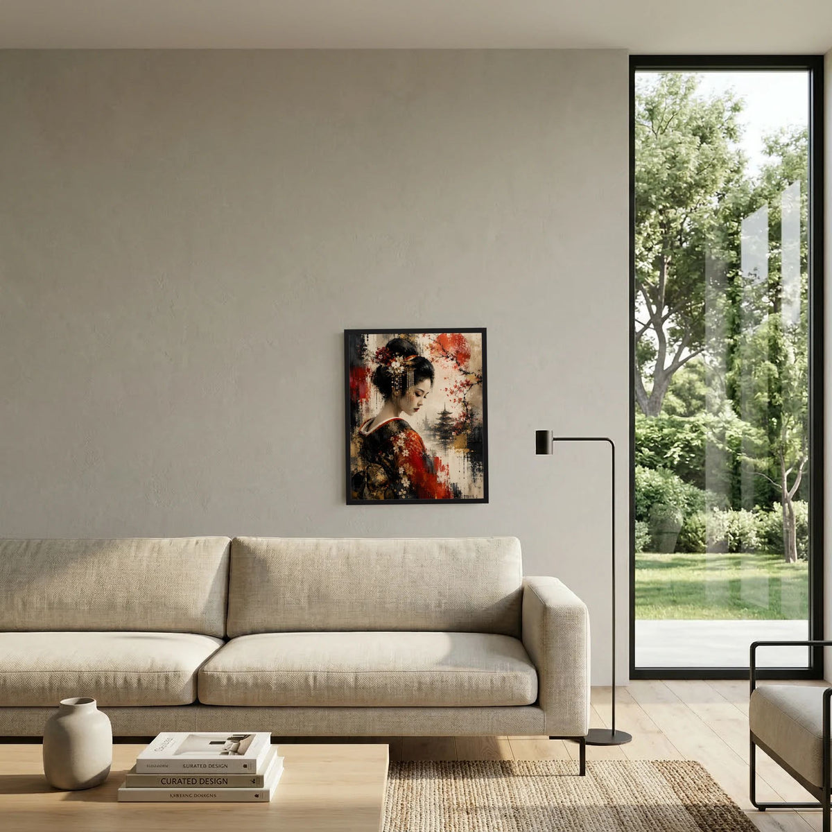 Gerahmtes Kunstposter: Geisha in Rot und Schwarz mit Kirschblüten, Pagode im Bild