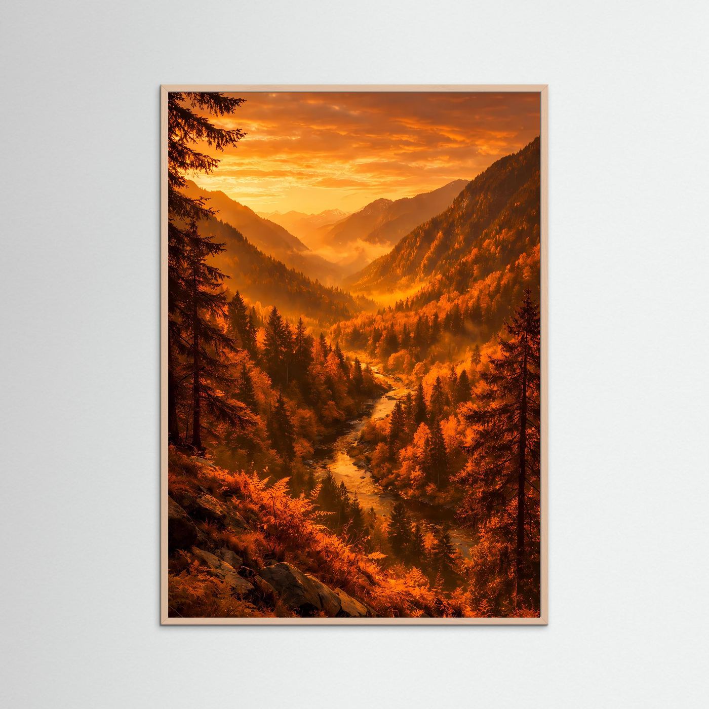 Natur-Kunstposter im Hochformat mit rosafarbenem Holzrahmen: Herbstwald und Fluss