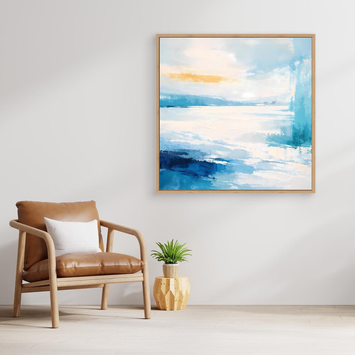 Wandbild mit maritimer Abstraktion in Blau und Weiß, goldbrauner Holzrahmen