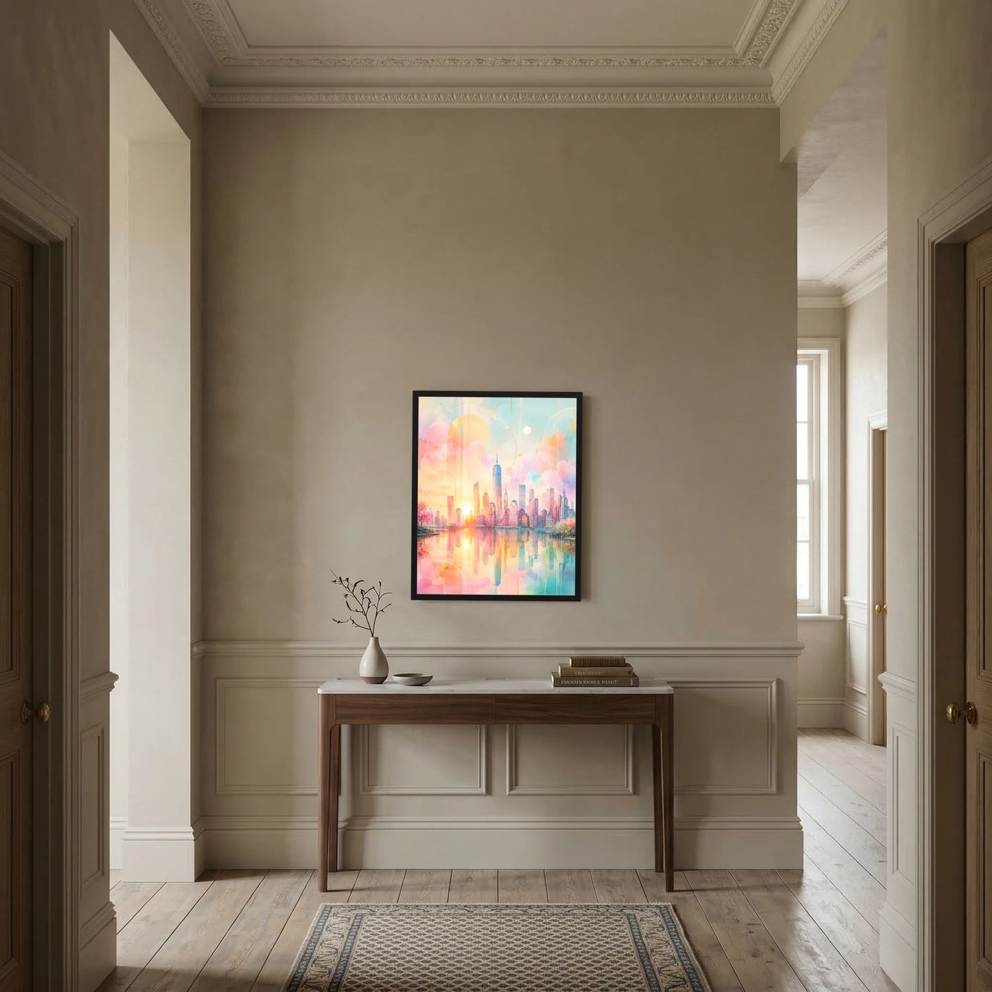 Kunstposter Hochformat mit abstrakter Skyline am Wasser in Pastellfarben, schwarzer Rahmen