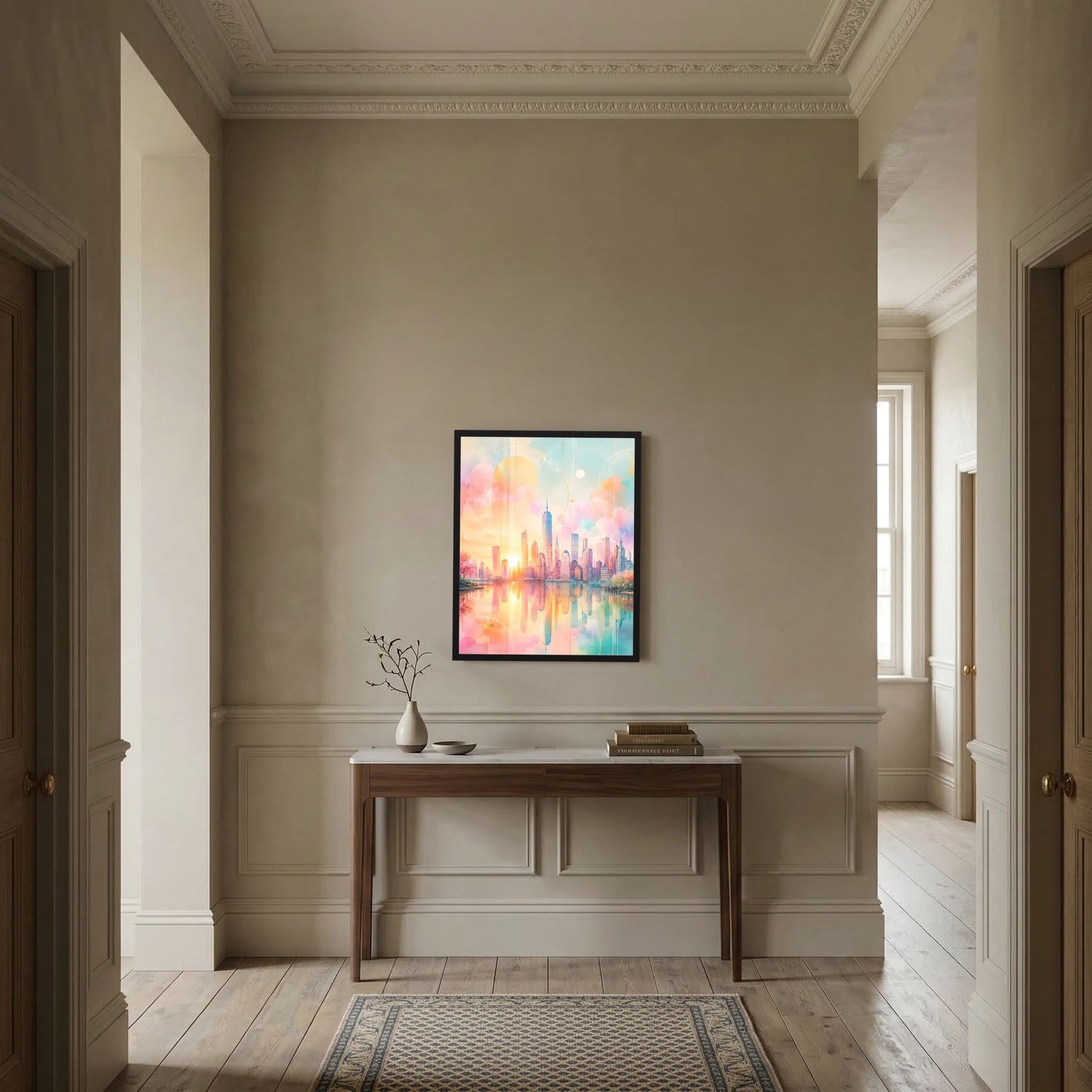 Kunstposter Hochformat mit abstrakter Skyline am Wasser in Pastellfarben, schwarzer Rahmen