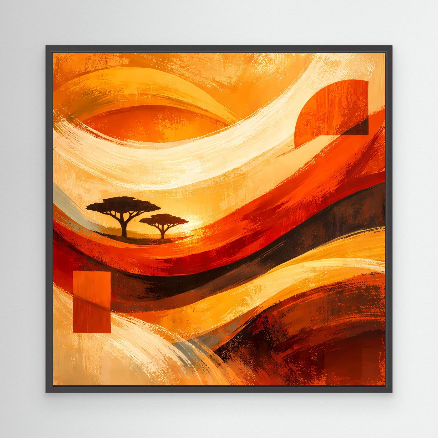Abstraktes Leinwandbild im schwarzen Rahmen, Orange- und Rottöne, geschwungene Formen und Baum-Silhouette