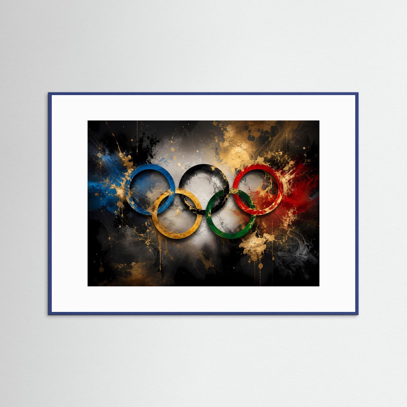 Gerahmtes Olympische Ringe Kunst-Poster im Querformat, blauer Holzrahmen