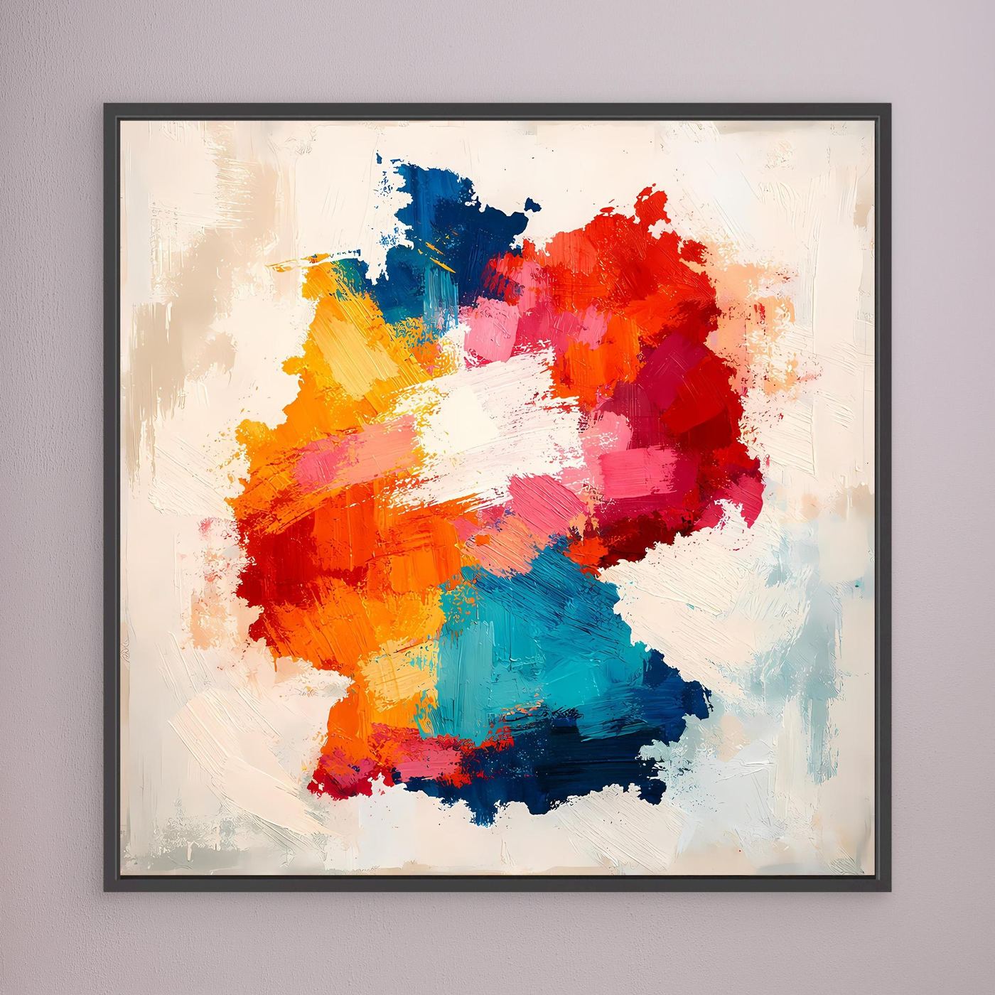 Framed abstract canvas wall art with colorful map silhouette, black frame