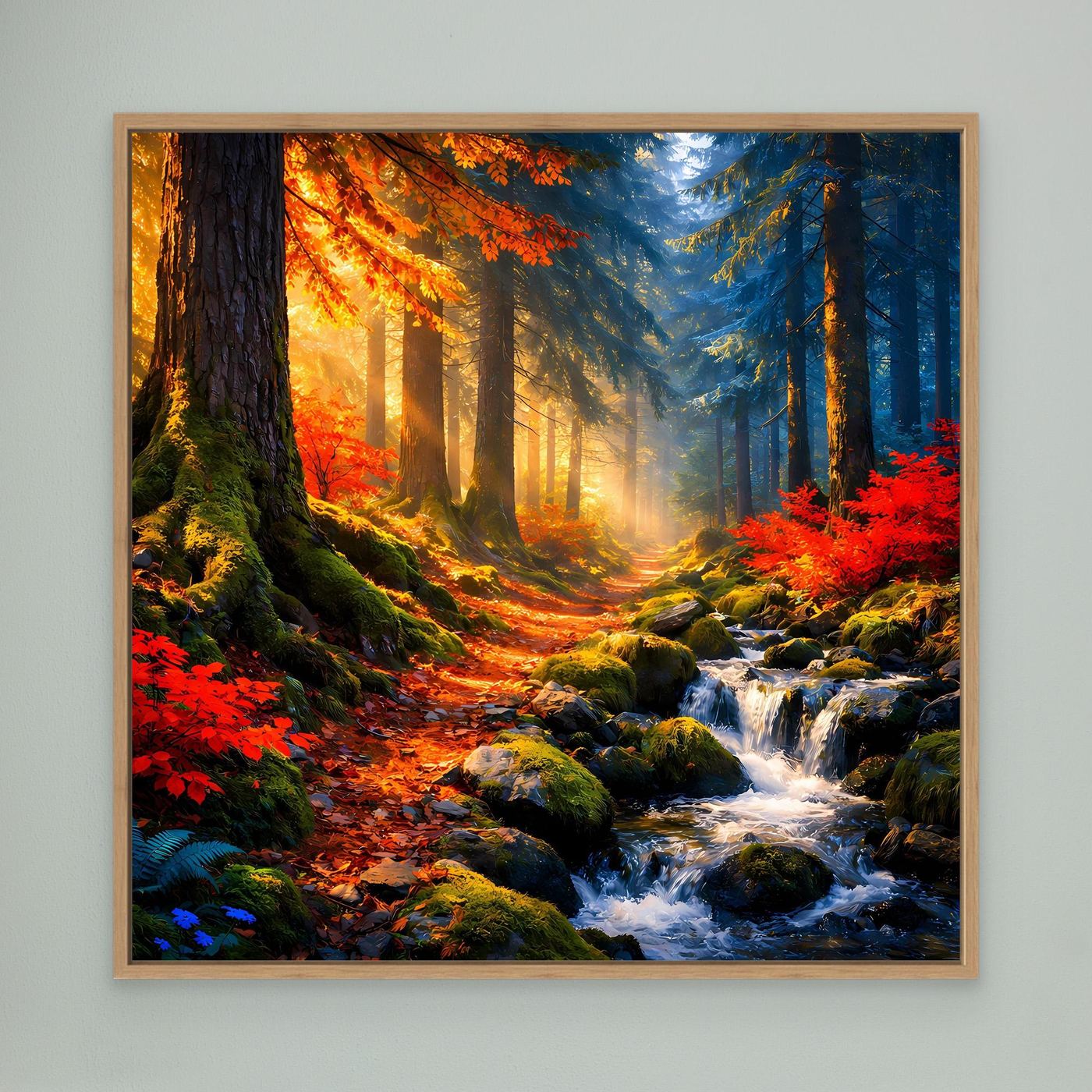 Wandbild Leinwand mit Eichenrahmen: Herbstwaldweg mit Bach über Steinen und roten Blättern
