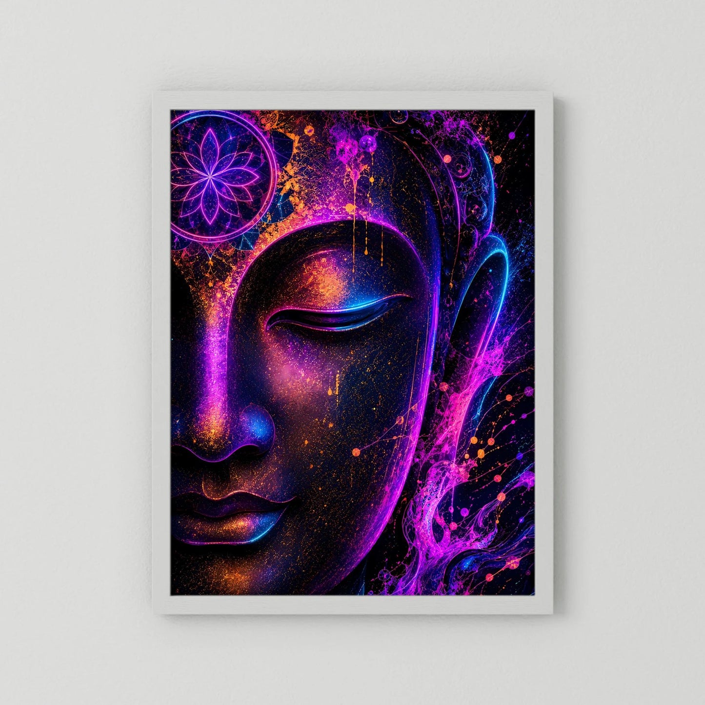 Neon-Buddha-Poster ohne sichtbaren Rahmen, Buddha-Profil in Pink, Blau und Gold