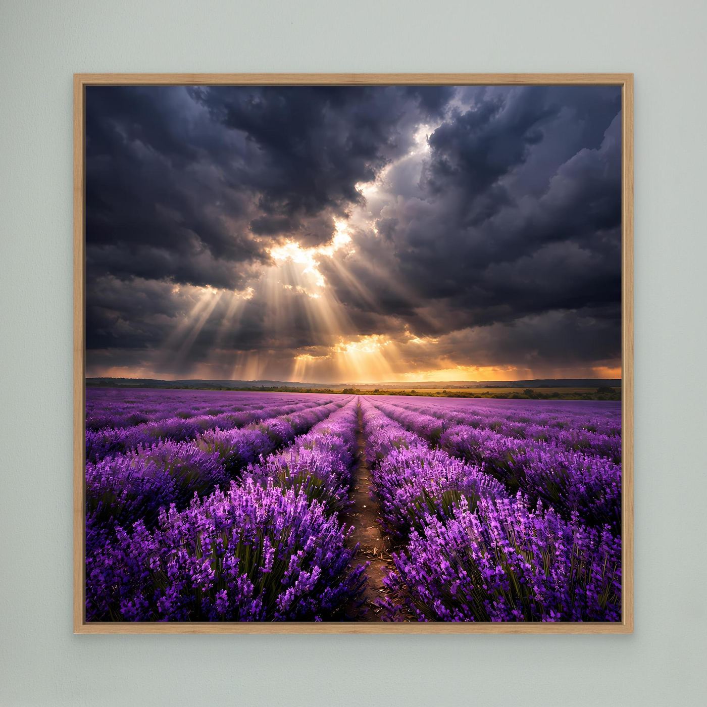Leinwandbild Lavendelfeld mit Lichtstrahlen und Sonnenaufgang im Holzrahmen (Eiche)