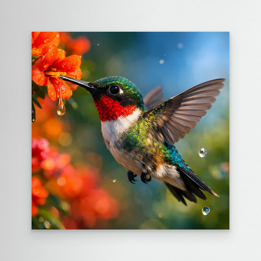 Wandbild mit fliegendem Kolibri und roten Blüten, buntes Vogelmotiv ohne Rahmen