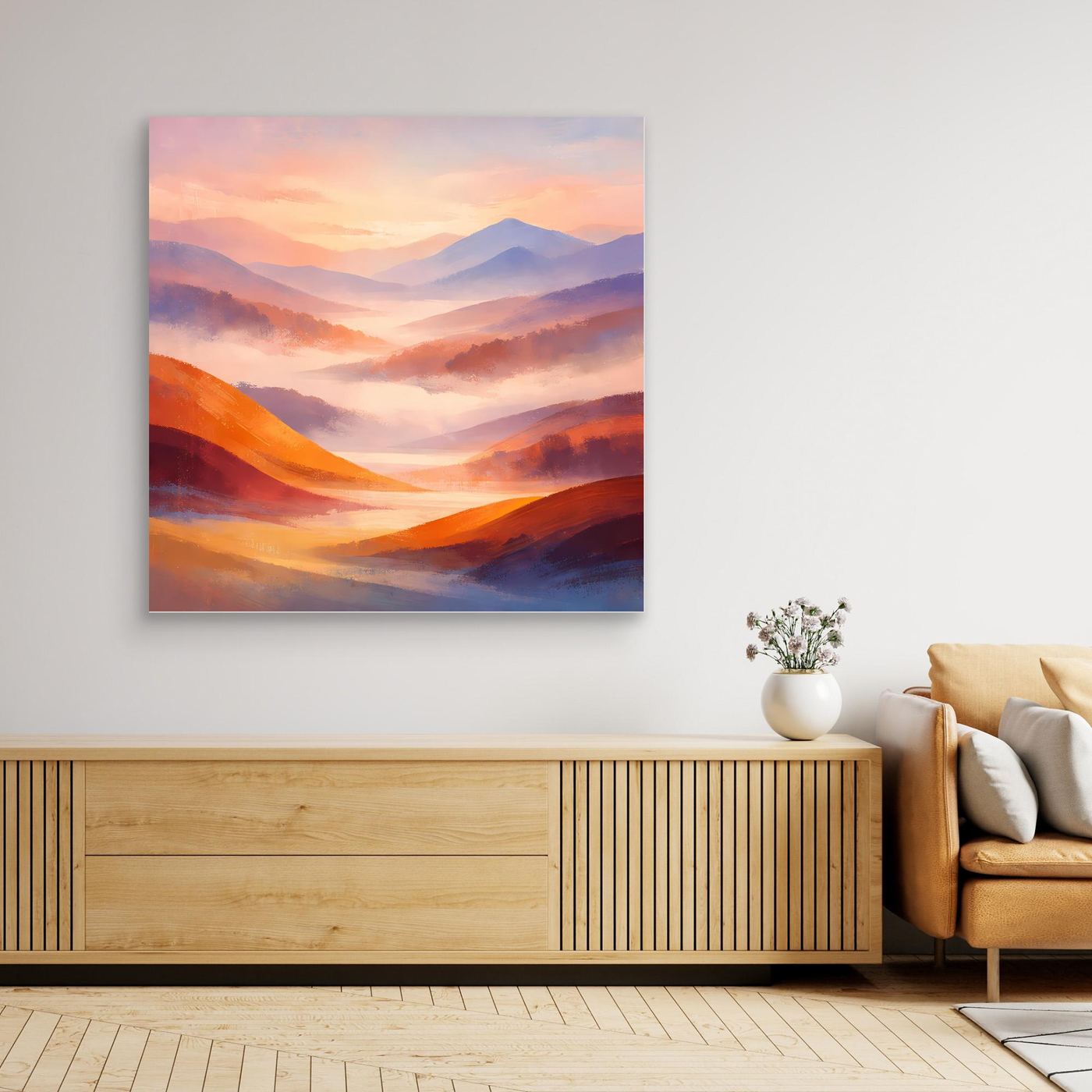 Leinwandbild Berglandschaft im Pastell, orangefarbene Landschaft ohne Rahmen