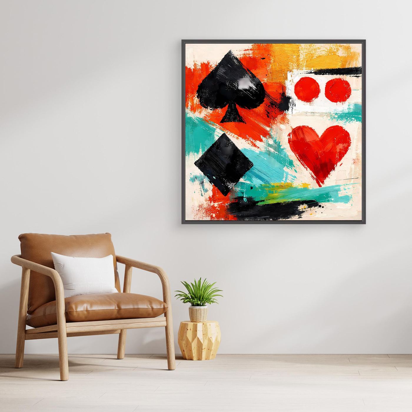 Abstract canvas wall art with spade and heart shapes in red and teal, black-framed.