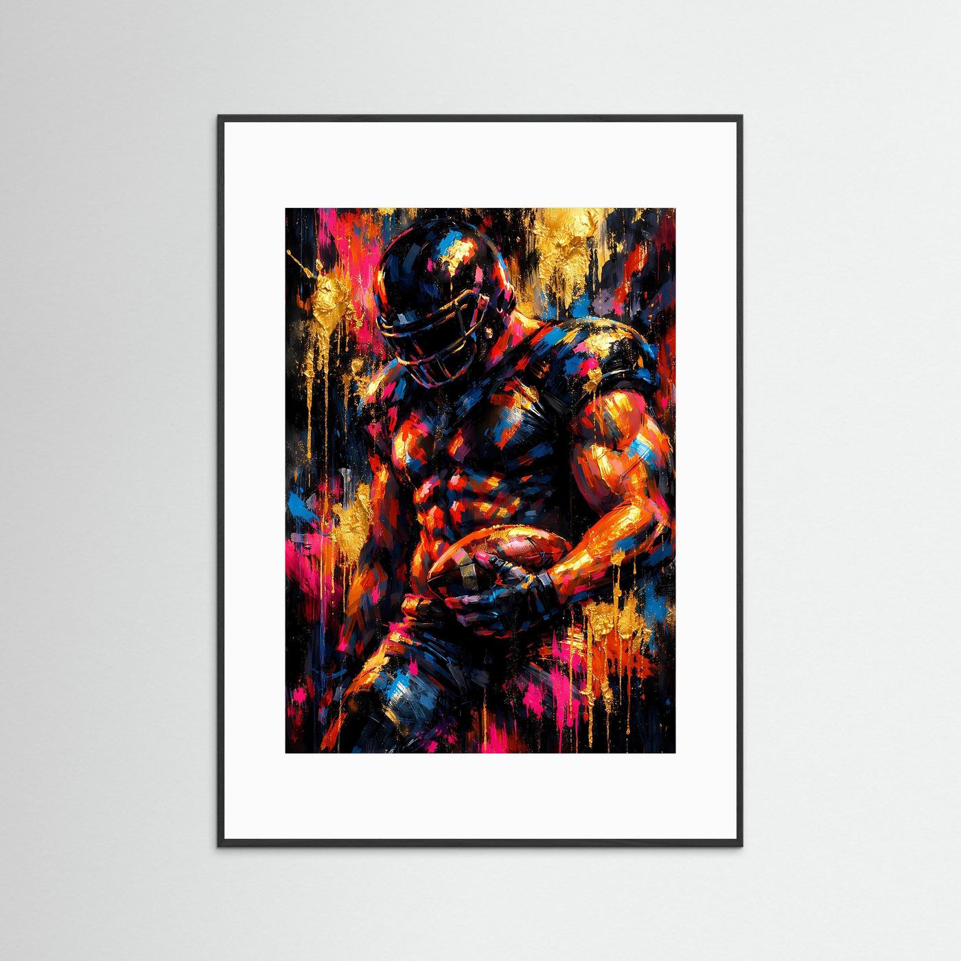 American-Football-Poster mit weißem Passepartout, abstrakter Spieler in Blau, Neonpink und Gold