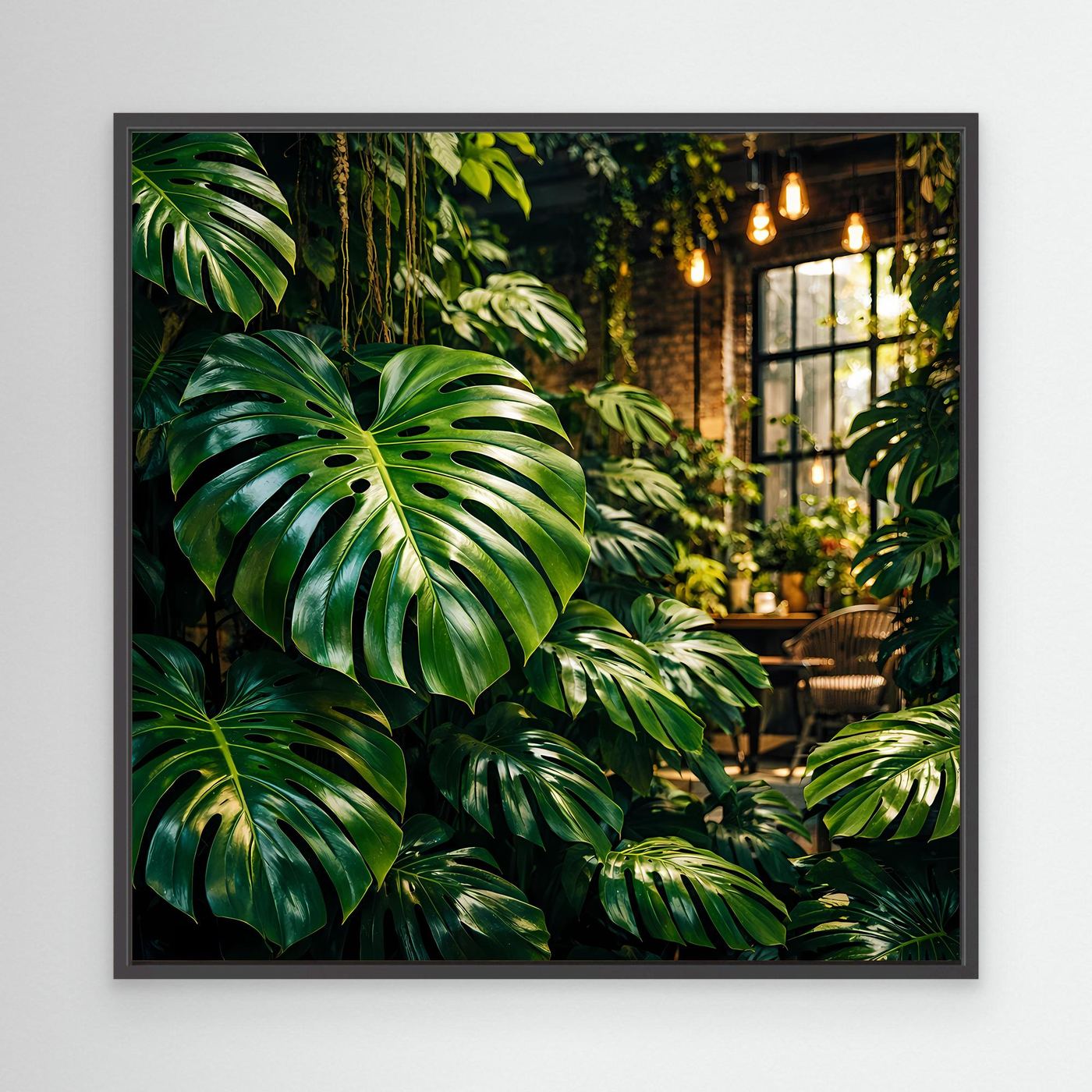 Leinwandbild mit grünen Monstera- und Dschungelblättern, schwarzer Rahmen