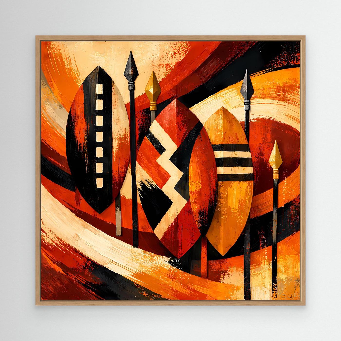 Leinwandbild afrikanische Schilde mit hellem Holzrahmen, warme Rot- und Orangetöne, schwarz