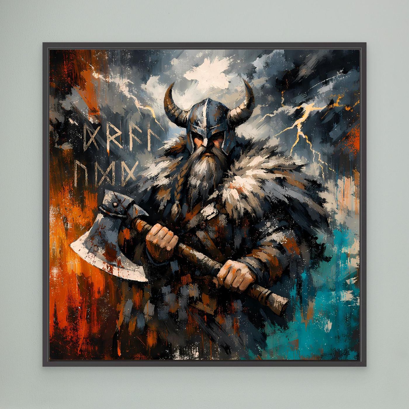 Wandbild mit Wikingerkrieger im Fellhelm und Streitaxt, schwarz gerahmt, abstrakt in Blau/Orange