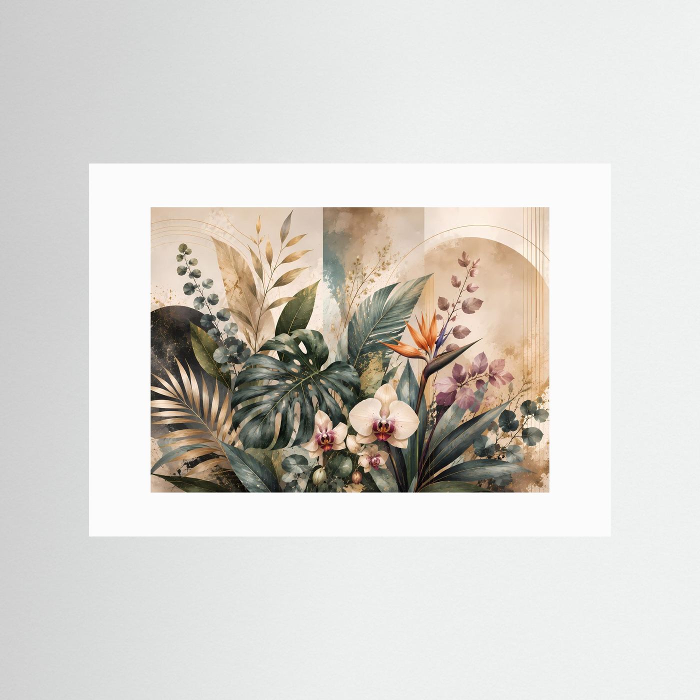 Botanisches Querformat-Poster mit tropischen Blättern und Orchideen, weiß hinterlegt