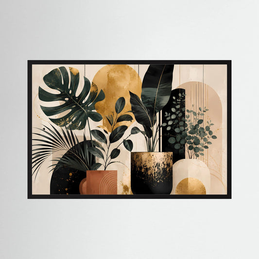 Querformat-Poster mit abstrakten tropischen Blättern in Schwarz und Gold, schwarzer Rahmen