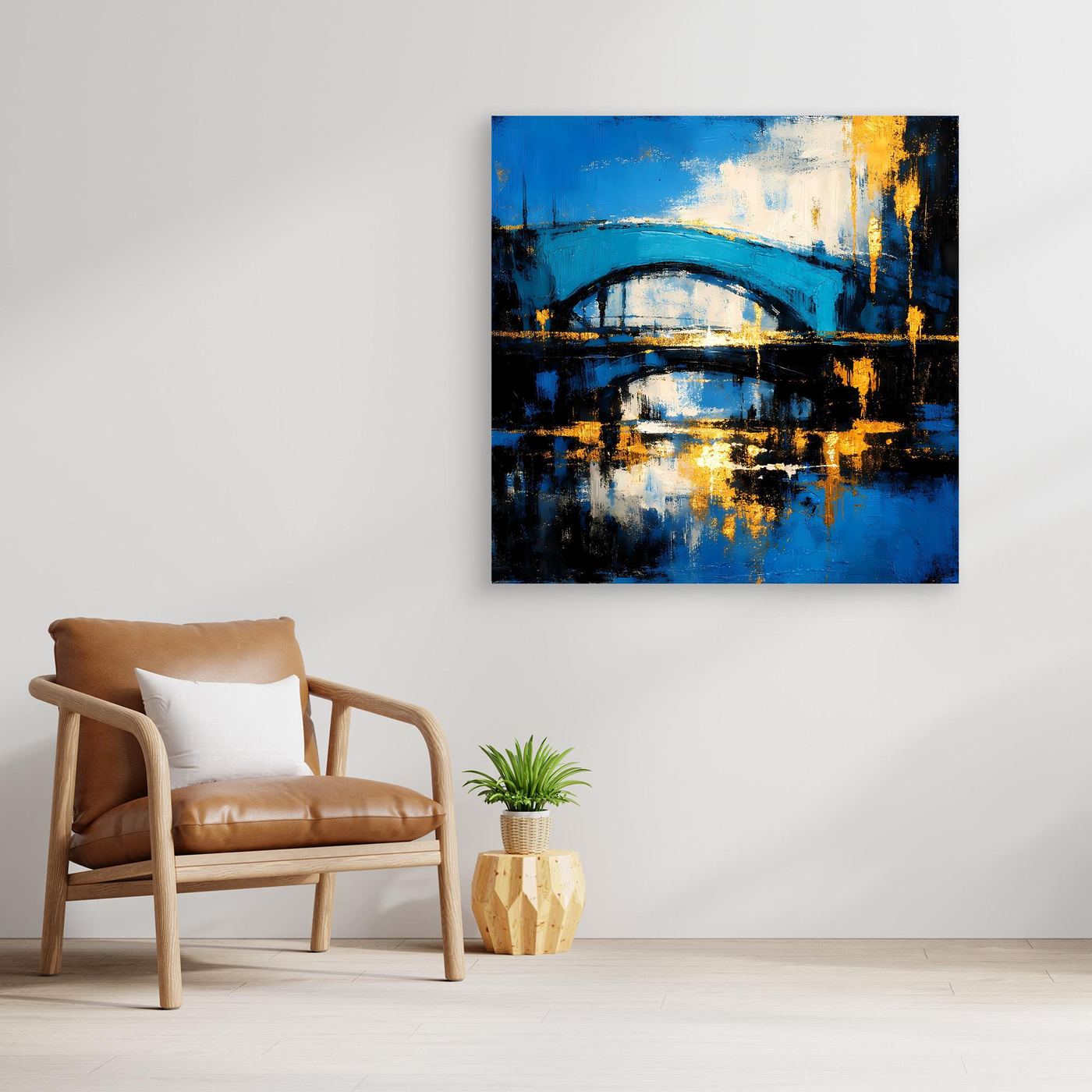 Leinwandbild mit abstrakter Brücke in Blau und Gold, quadratisch, mit Rahmen.