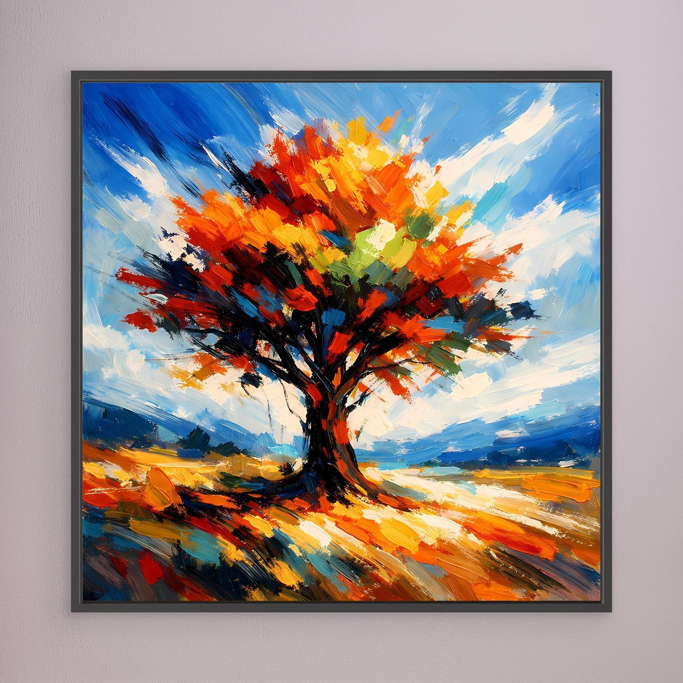 Leinwandbild mit Herbstbaum aus bunten Pinselstrichen, im dunklen Schwarzrahmen