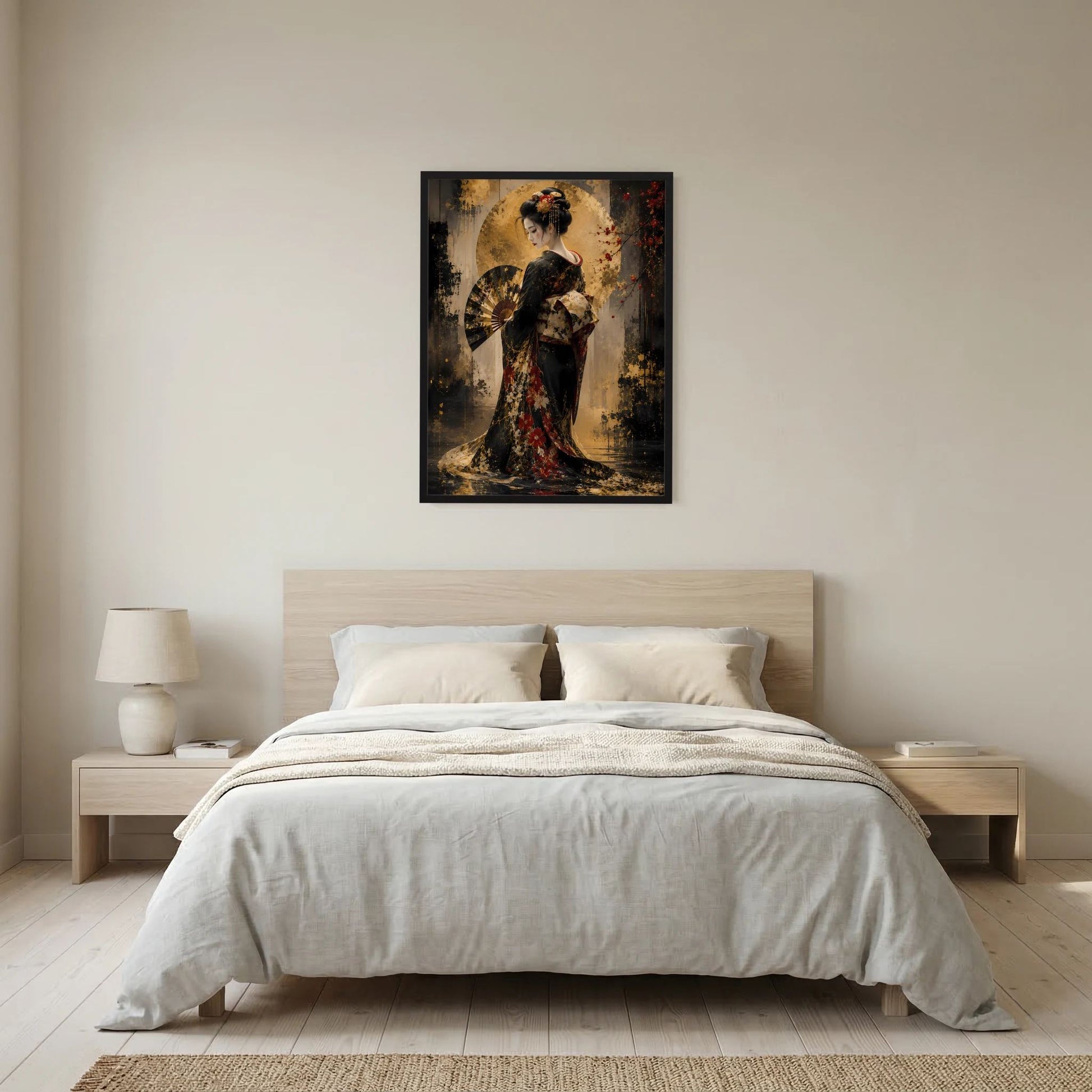 Hochformat-Poster mit Geisha im Kimono, schwarze und goldene Farbfläche, schwarzer Rahmen.